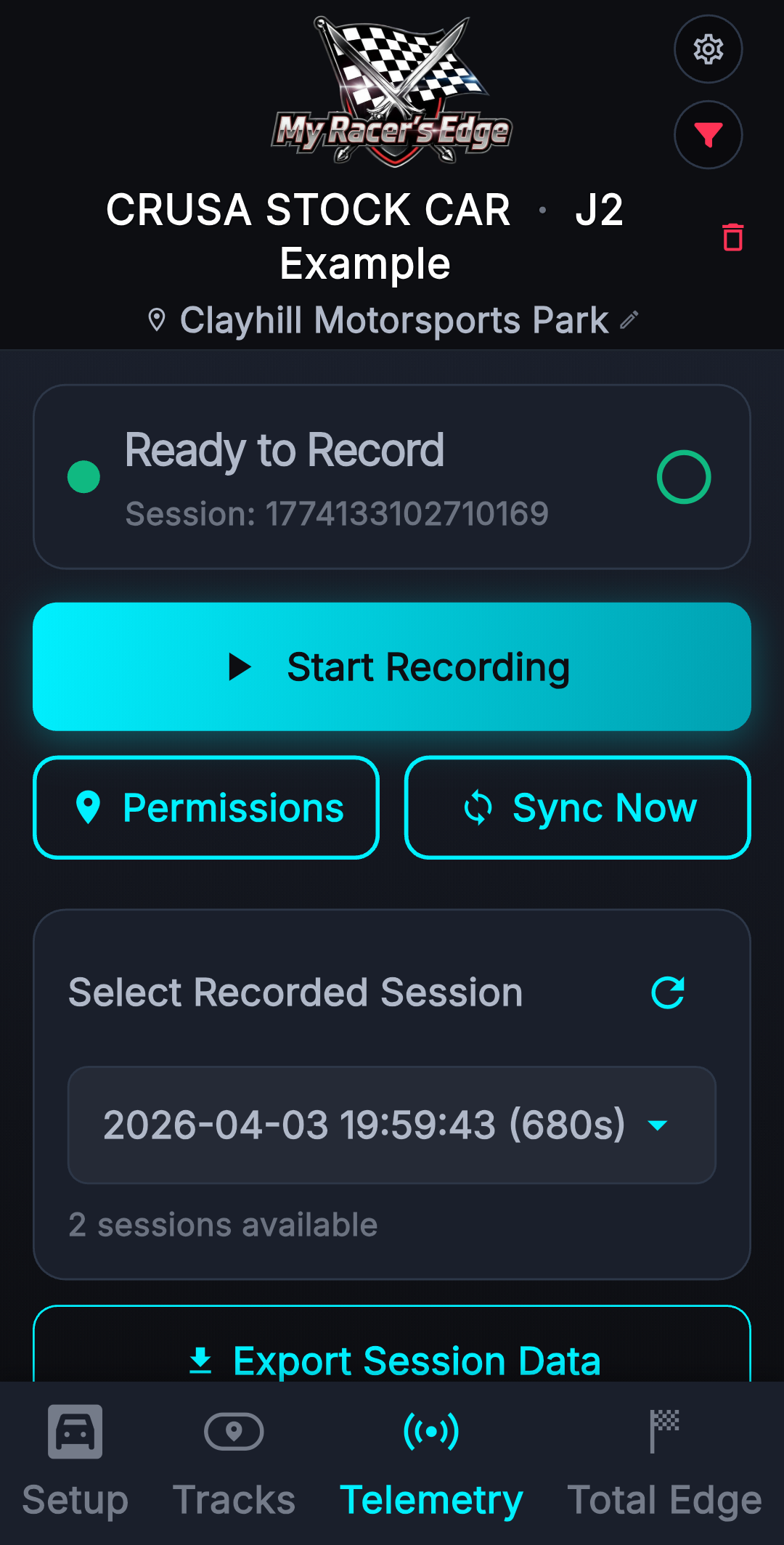 Telemetry session recording interface